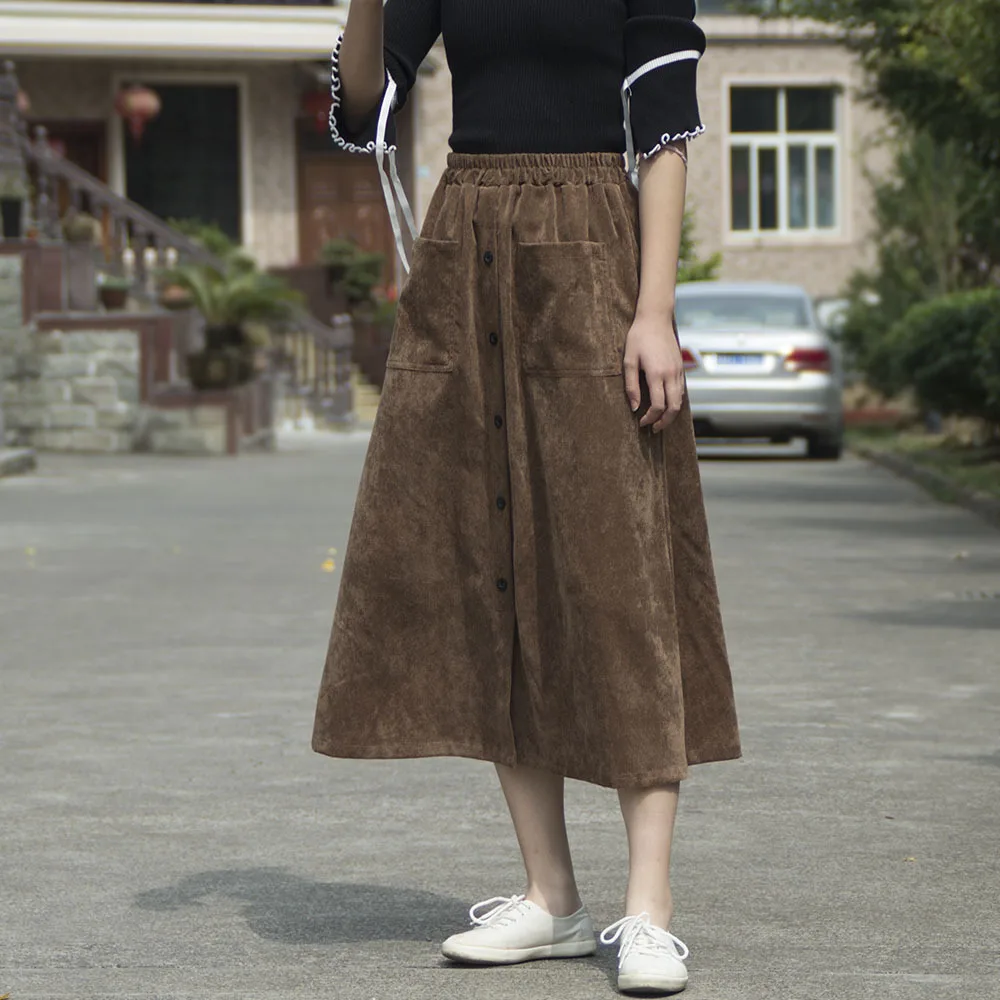 Casual Rok 2021 Corduroy Rokken Vrouwen Hoge Taille A-lijn Rokken Vrouwen Solid Button Pocket Rokken Jupe Femme Saia Hoge Kwaliteit