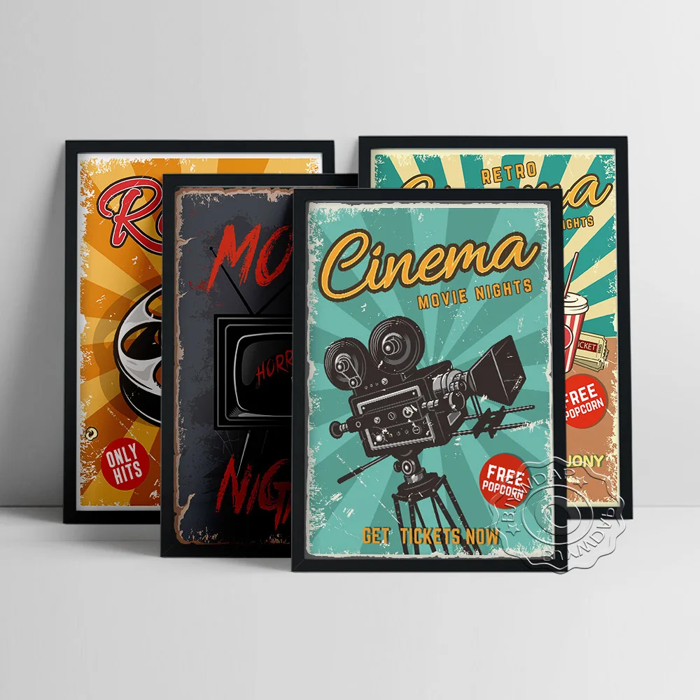 Retro Film Festival Collection Exhibition Poster, Projector Popcorn Art Prints, Movie Theater Cinema Wall Picture Home Decor