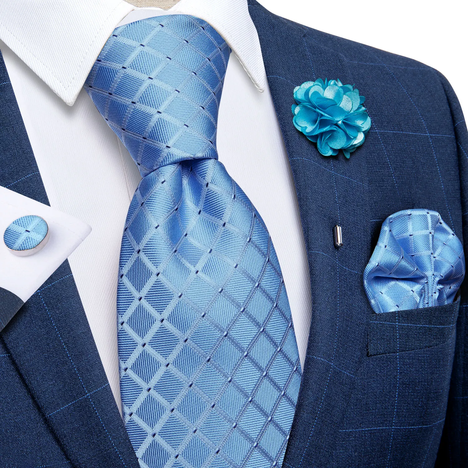 Blaue silberne Paisley-Krawatten für Herren, luxuriöses 8 cm breites Set mit Krawatte, Einstecktuch, Manschettenknöpfen, Brosche, Weihnachtsgeschenke für Männer – Detail 27