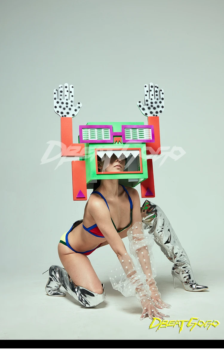 

Nightclub show singer ROBOT headgear Custom bar video game little monster gogo retro party costume