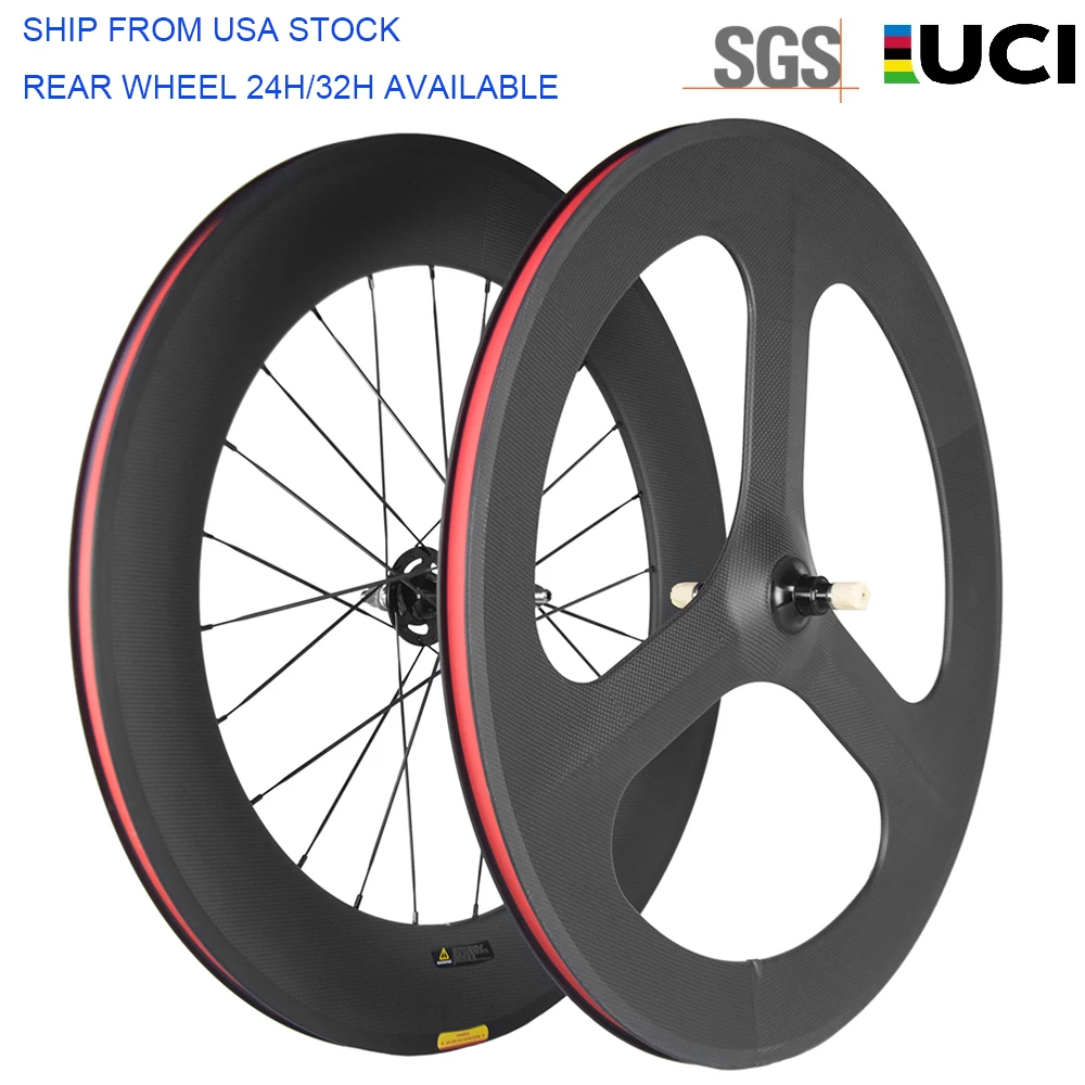 700C Fixed Gear Carbon wheelset Front tri spoke + Rear 88mm Track Wheels Clincher Bicycle Wheel set USA stocks