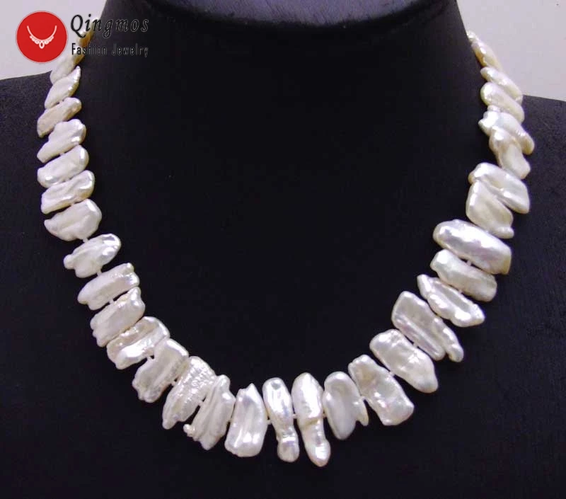 

Qingmos White Pearl 17'' Chokers Necklace for Women With 12-15mm Natural freshwater Biwa Pearl-ne6142 Wholesale/retail Free ship