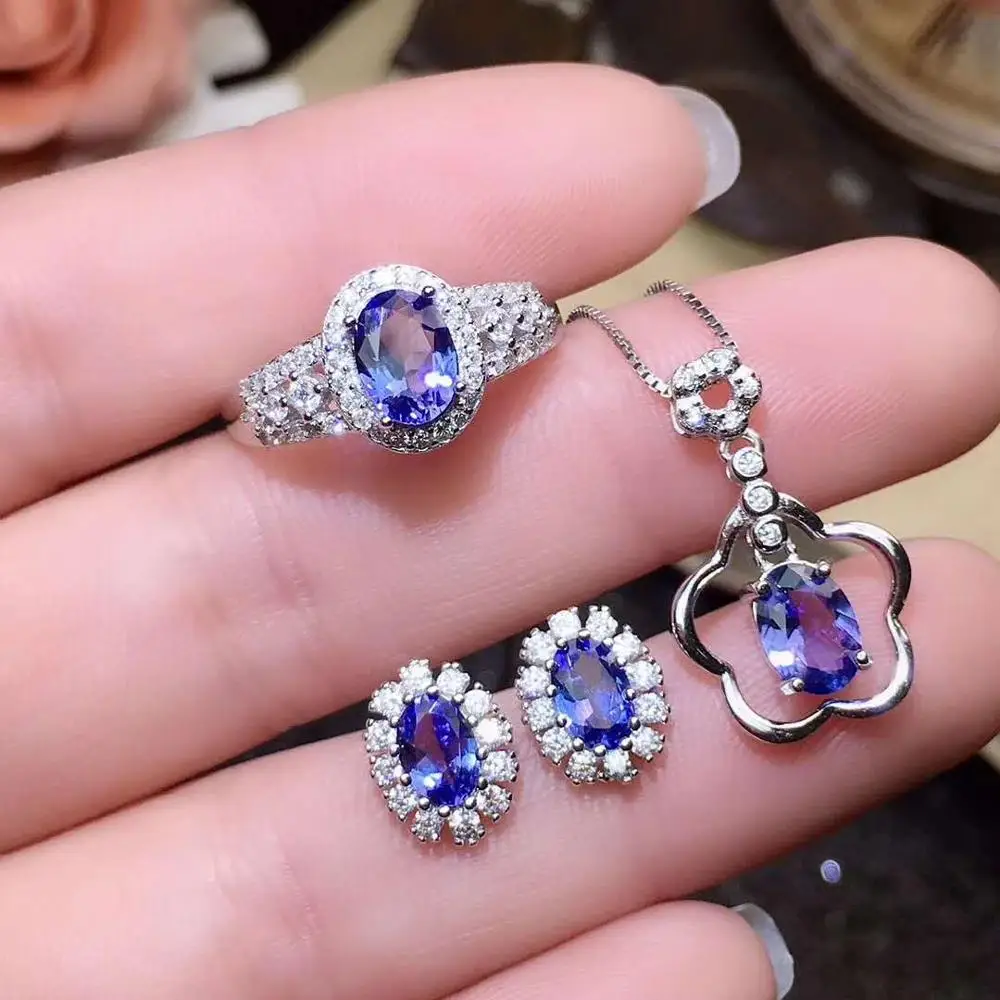 

Real Natural Tanzanite jewelry set Natural Real Tanzanite 925 sterling silver 1pc pendant,1pc ring,2pcs Earring