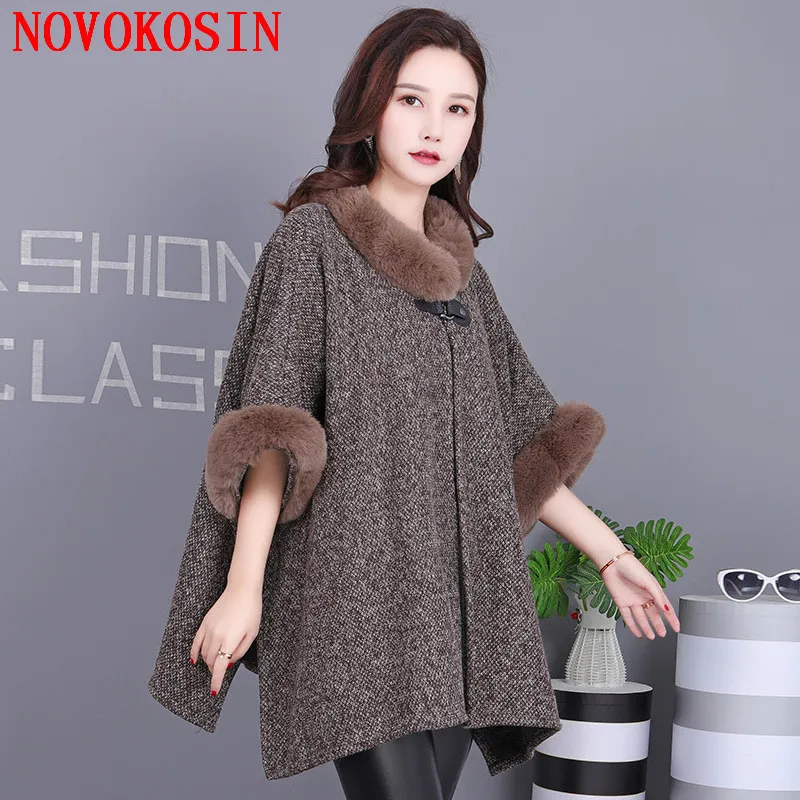 

7 Color Women Big Pendulum Cardigan Cloak Winter Thick Faux Rabbit Fur Neck Coat Batwing Sleeve Horn Buckle Long Poncho Capes