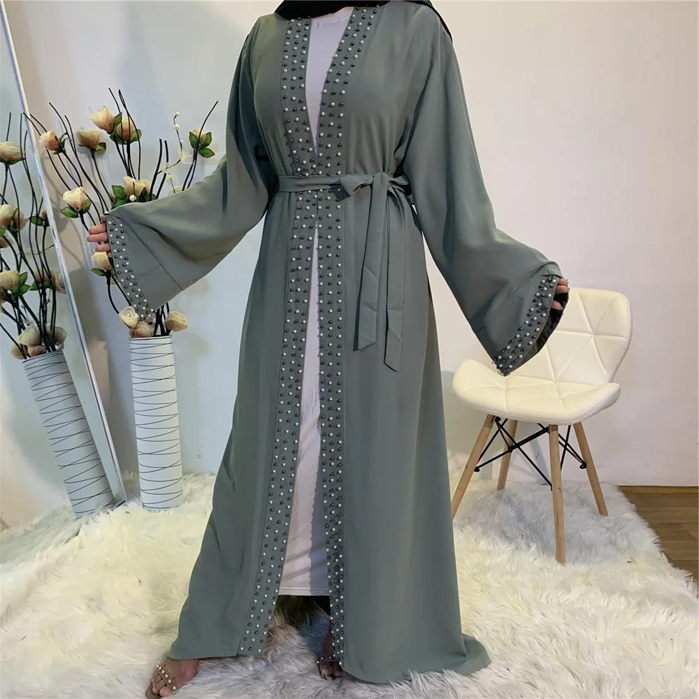 Imagem -05 - Vestido Maxi Longo para Mulher Muçulmana Abaya com Beading Árabe Kaftan Ramadã Islã Oriente Médio Dubai Turco Quimono Aberto Cardigã