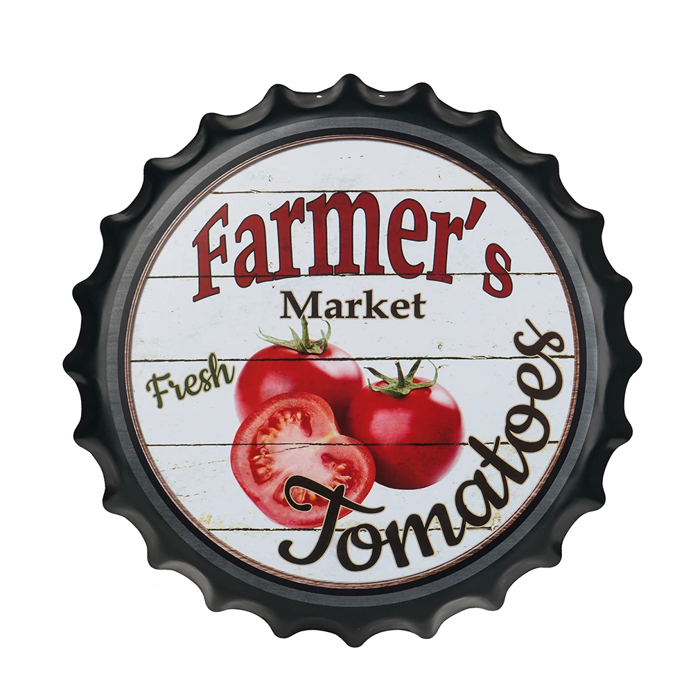 

dingleiever- Farmers Market Fresh Tomatoes Decorative Bottle Caps Metal Tin Signs Wall Art Plaque