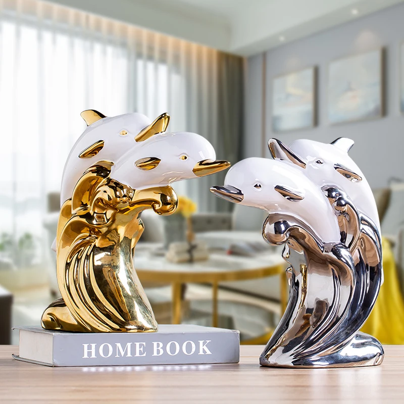 Fengshui Gold-plated Dolphin Swan Ceramic Sculpture Ornaments Decoration Home Room Desktop Furnishing Crafts Office Figurines