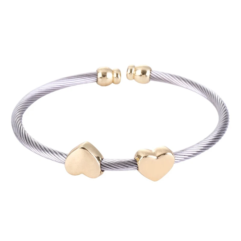 Chran Exquisite Gold Color Double Heart Design Elastic Stainless Steel Cable Bangle Bracelets for Women