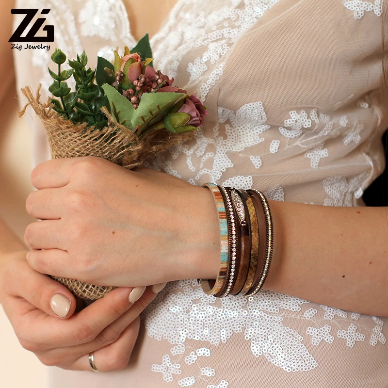ZG Fashion Women Leather Bracelet Rhinestone Bar Charm Bohemian Leather Female Bracelets in 7 Colors