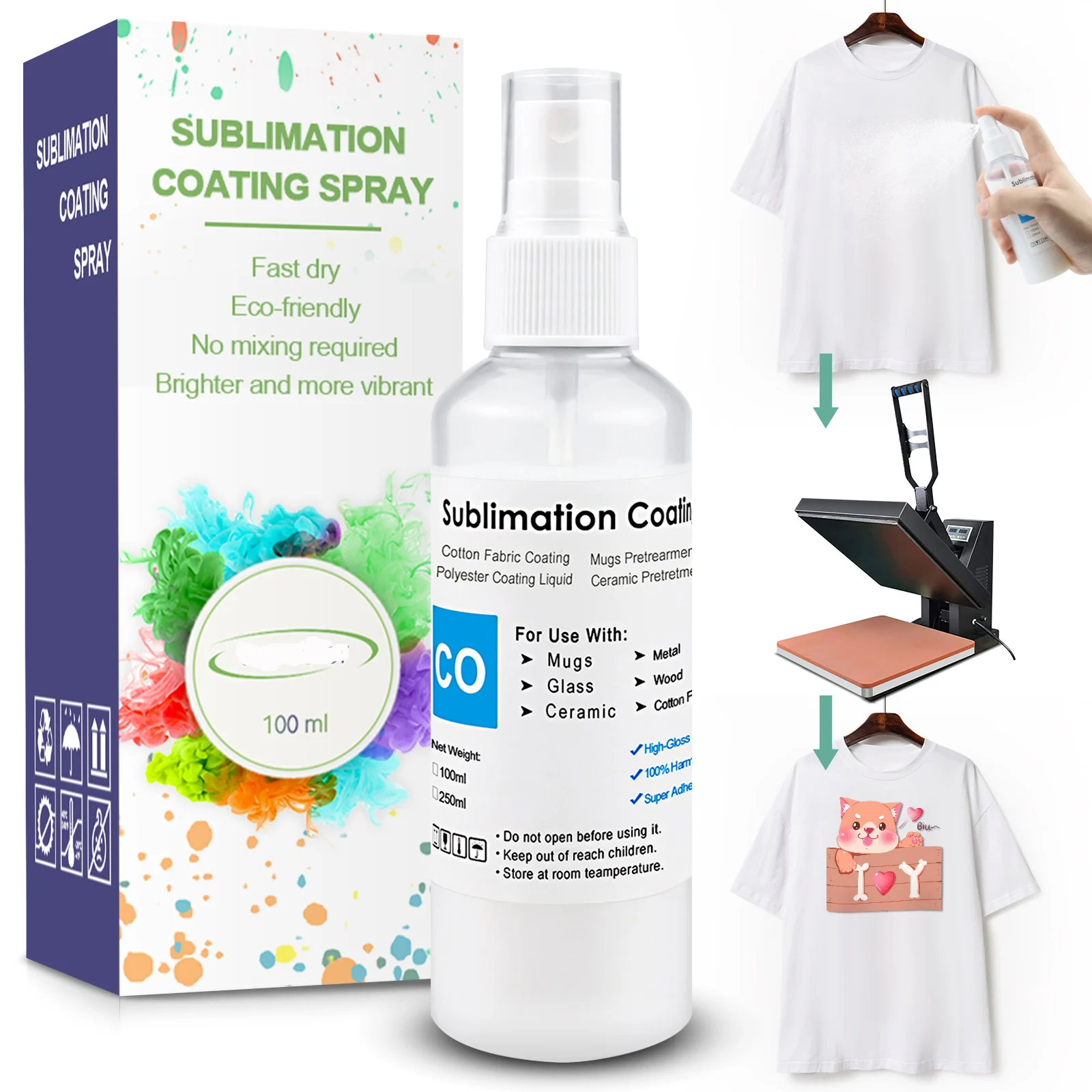 100ML Sublimation Coating Spray Quick-Drying For 100% Cotton Fabric Mugs T-shirt face mask Hat for sublimation transfer printing