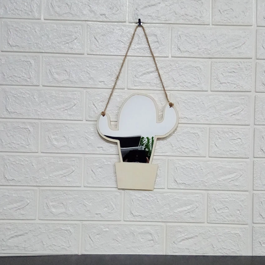 Espelho decorativo acrílico de madeira da vaidade do espelho da parede do cacto com corda de suspensão, espelho dos desenhos animados das crianças para o quarto, decoração de casa