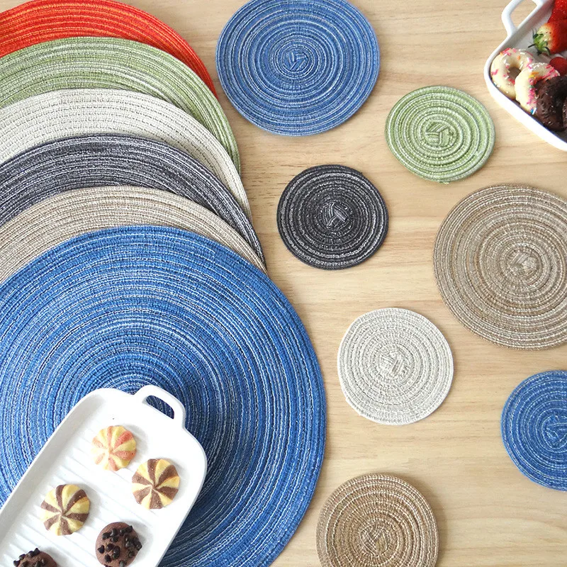 

1Pc Cotton Yarn Placemat Fabric Woven Round Heat Insulation Pad Western Placemat Anti-scalding Coaster Bowl Table Mat Pot