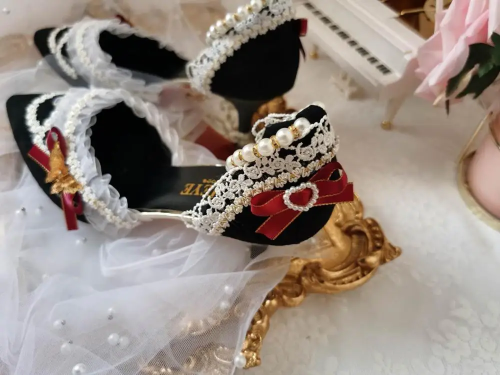 Lolita black flower feast French palace vintage Chinese style high heels kawaii shoes cosplay loli women shoes princess kawaii