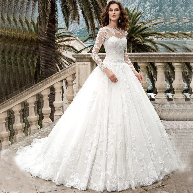 אפליקציות 3d חרוזים dubai muçulmano Lace Manga Comprida vestido de Baile Tulle Plus Size Vestidos de Noiva Vestidos de Noiva 2022 Vestidos De Casamento Sob Medida