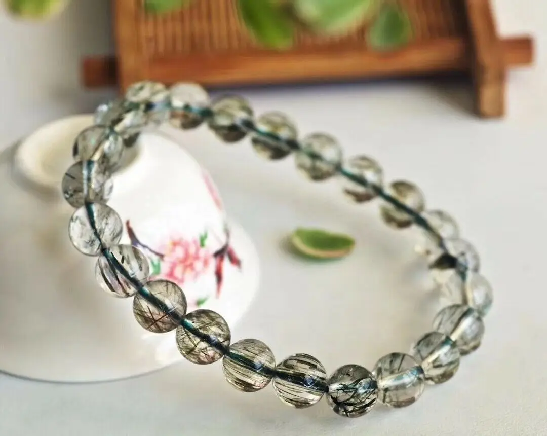 

Natural Green Tourmilated Rutilated Clear Round Beads Bracelet Women Men 7mm 8mm 9mm 10mm 11mm AAAAA