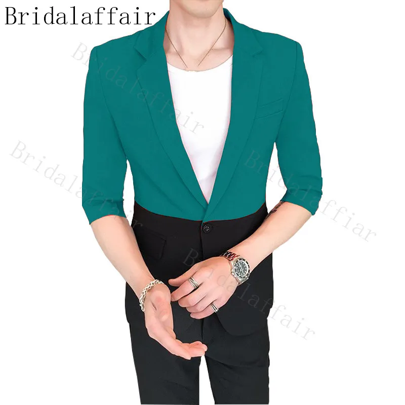 

Bridalaffair Unique Men suits on Peacock green&Black Tailor Made Mens short sleeve blazer pants Young Men Party Wear Tuxedo