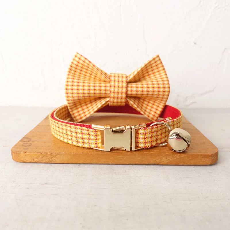 Cotton Plaid Cat Collar with Bell Bow tie Personalized Engraving ID Tag Nameplate Collar for Kitten Collars Necklace Small Dogs