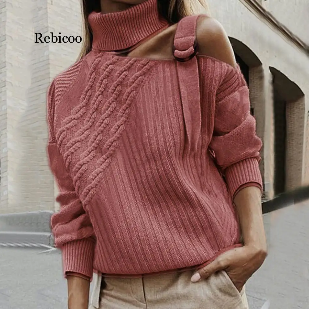 Patchwork Sweaters For Women Sexy Turtleneck With Bare Shoulders Warm Autumn Winter Pullovers Long Sleeve Ribbed Knit Sweater