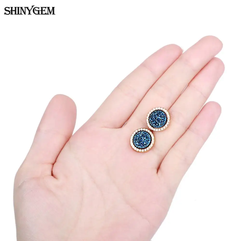 trendy 10mm micro inlay zircon sparkly natural quartz druzy stone stud earring rhinestone golden plated for women jewelry gift