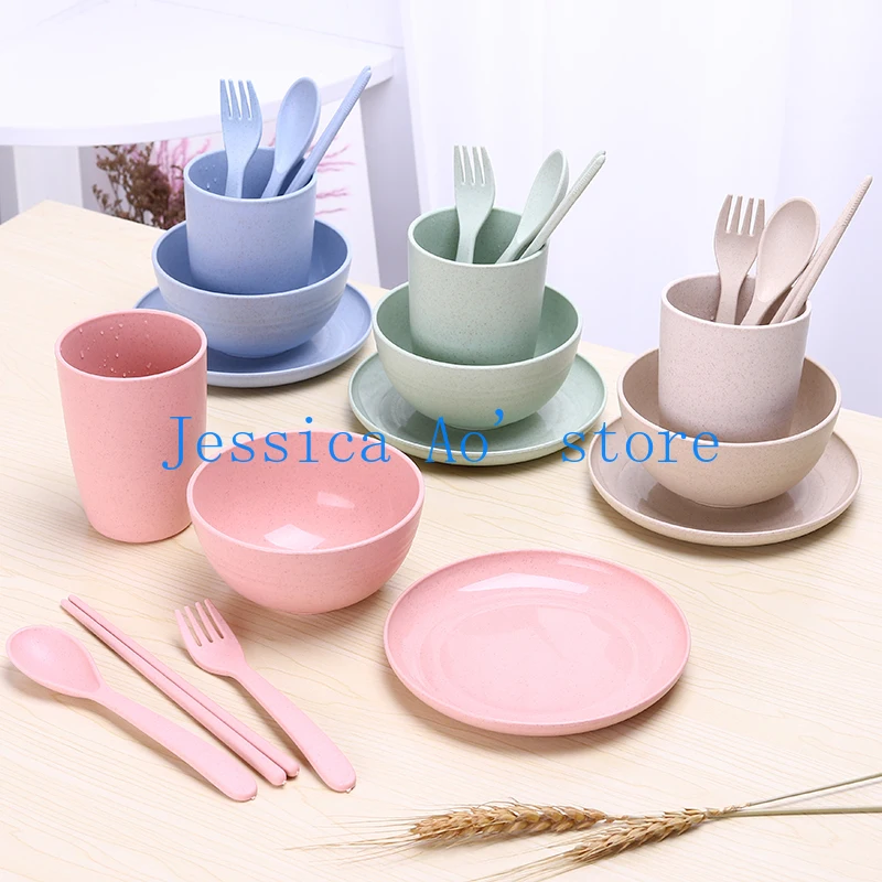 

6pcs Healthy Wheat Straw Plastic Dinnerware Sets Bowls Plates Cup Spoon Fork Chopsticks Eco Friendly Tableware Full Set