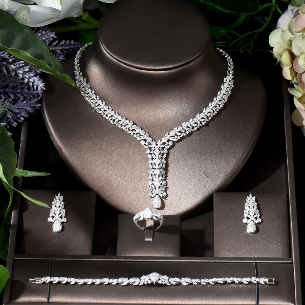 HIBRIDE New Arrival White Color AAA Cubic Zirconia Geometric Design Wedding Jewelry Set Necklace Earring for Women Bridal N-1025