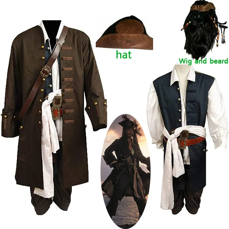 

Pirates Jack Sparrow Cosplay Costume For Adult Men Halloween Woemn Cosplay Carnival Costumes Full Set Hat And Wig