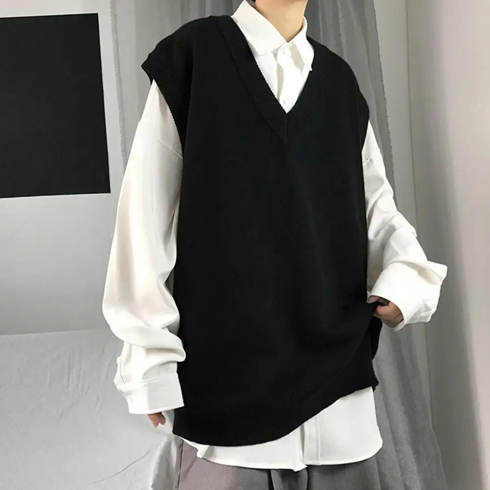 Suéter sin mangas para hombre, chaleco con cuello en V, Color sólido, combina con todo, ropa de calle para la escuela, Primavera