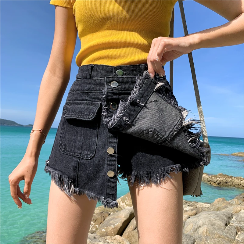 

Women Irregular Shorts Skirts Summer Streetwear High Waist Ripped Raw Cut Hem Washed Distressed Chic Shorts Feminino Lady Short