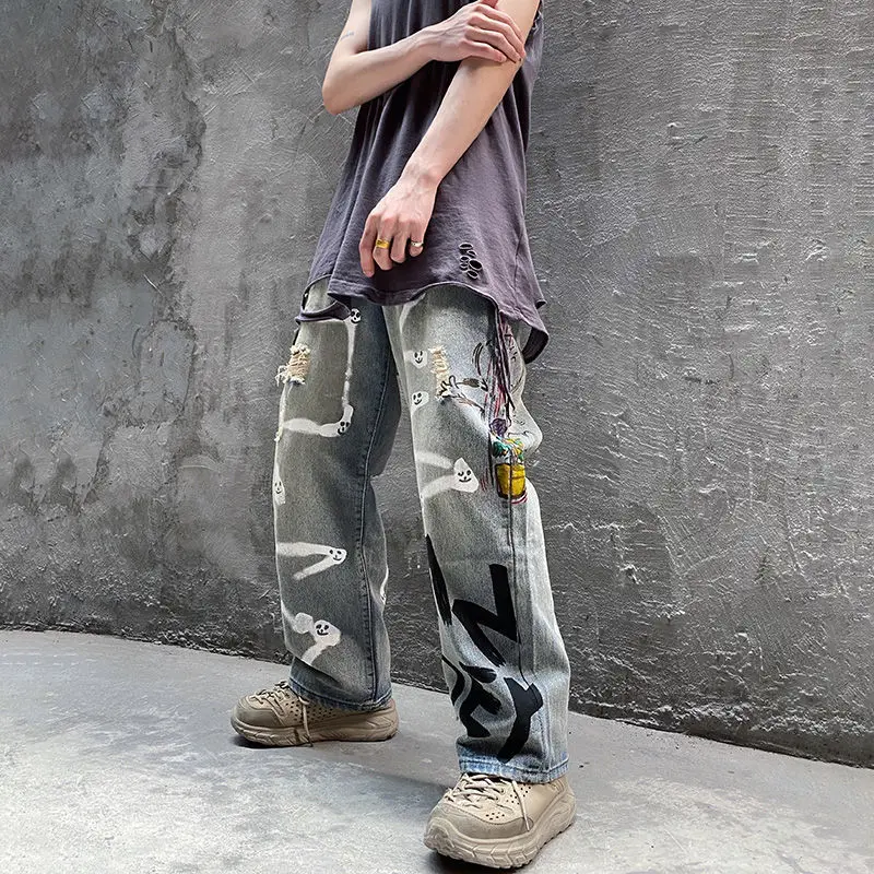 

Japanese Streetwear Men Hip Hop Personalized Graffiti Jeans Men's Fashion Brand Loose Straight Trousers Ripped Pants Cargo Blue