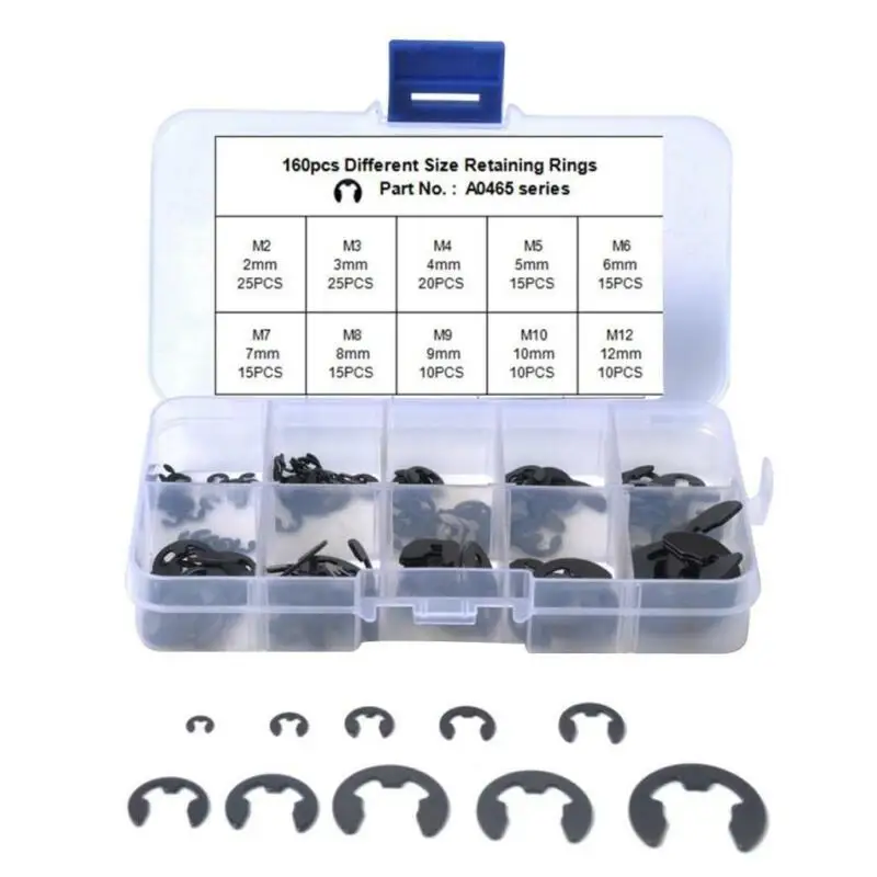 Kit assortiti con clip di tipo E, anello di sicurezza in acciaio, anello di sicurezza, anello di sicurezza, rondelle di sicurezza 160 pz/scatola