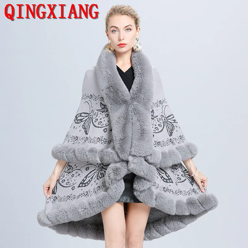 

4 Colors Winter Warm 2 Layers Jacquard Weave Thick Poncho Cape Women Long Loose Cloak Faux Fur Cardigan Streetwear Shawl Coat