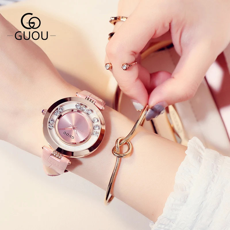 Guou Gold Plated Women Watches Red Dial Rhinestone Waterproof Female Clock Watch Leather Strap Simple Ladies Wristwatches Girls