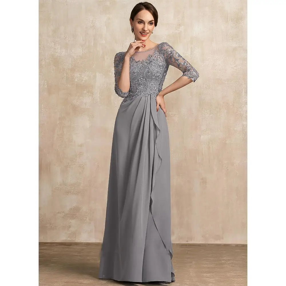 Silver Grey Mother of the Bride Dress O-Neck Half Sleeve Lace Applique A-Line Chiffon Ruched Wedding Ceremony Prom Evening Gowns