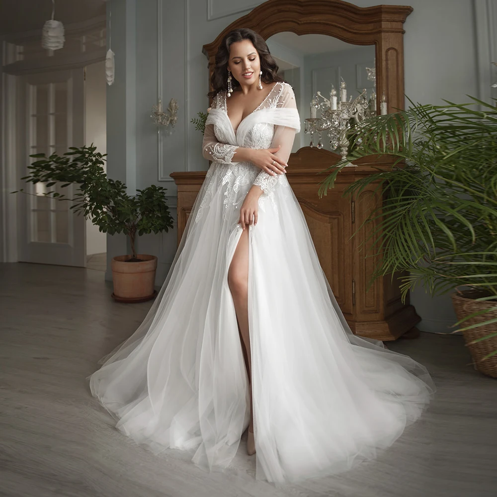 Luxus Slit Tüll Hochzeit Kleid Für Braut Mit Stickerei Perle Plus Größe Brautkleid Formale Prinzessin Elegante Свадебное платье