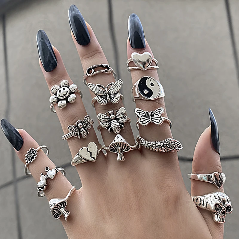 Punk YinYang Ring Set for Women Gothic Black Heart Butterfly Vintage Ghost Silver Color  Plated Retro Rhinestone Finger Jewelry