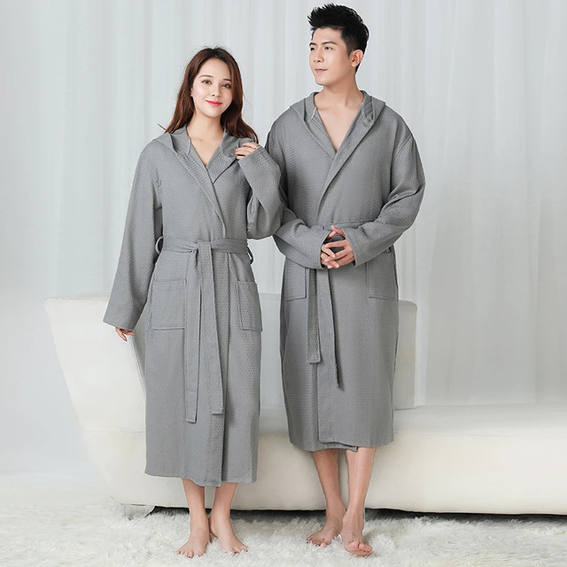 Autumn New Lovers Hooded Robe 100% Cotton Waffle Robe Unisex Bath Robe Winter Warm Bathrobe Sleeprobe New Arrival Homewear