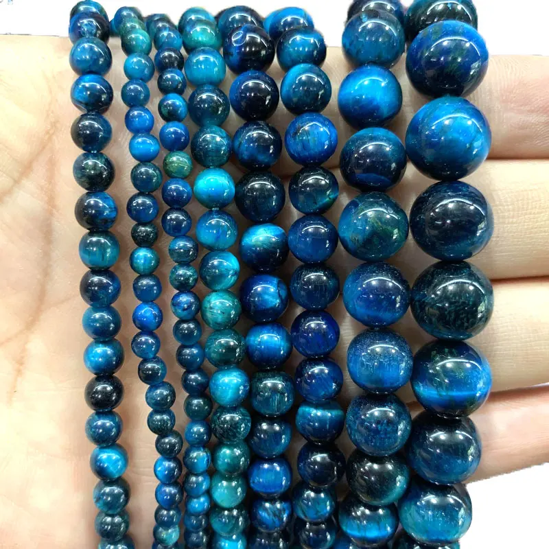 

YWROLE 100% Natural Lake Blue Tiger Eye Round Stone Beads For Jewelry Making DIY Bracelet Necklace Earrings 4/ 6/8/10/12MM 15''