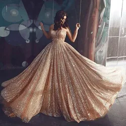 Customized Boho Wedding Dresses A Line Glitter Princess Bride Dress Wedding Gowns Champagne Spaghetti Straps vestidos de novia