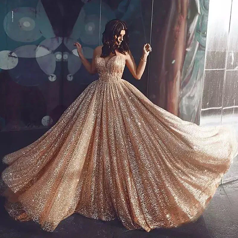 Dostosowane suknie ślubne Boho linia brokatowa księżniczka suknia dla panny młodej suknie ślubne szampana paski Spaghetti Vestidos de novia