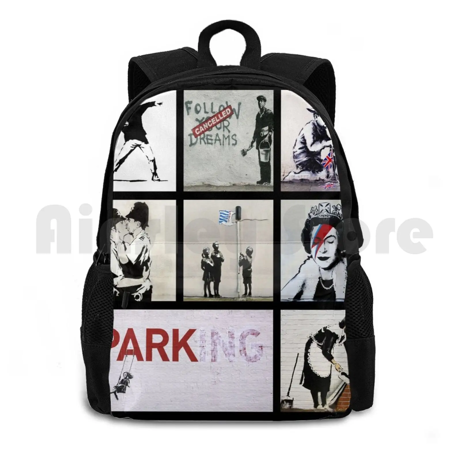 Banksy Montage 01 Various Banksy Artworks Outdoor Hiking Backpack Waterproof Camping Travel Banksy Art Banksy Graffiti Street