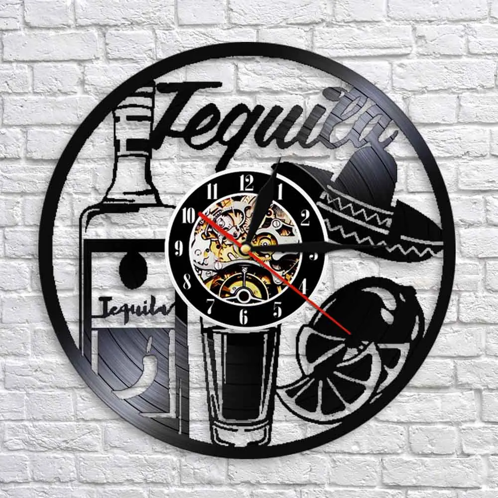 Beverage Dringking Wall Art Decorative Clock Tequila Wall Clock Vintage Vinyl Record Hanging Watches Handmade Art Decor For Pub