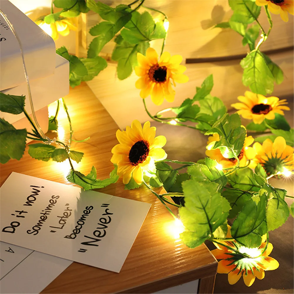 Guirnalda de luces de girasol artificiales, guirnalda de plantas de hoja verde para decoración de bodas, con batería, 2M, 20led