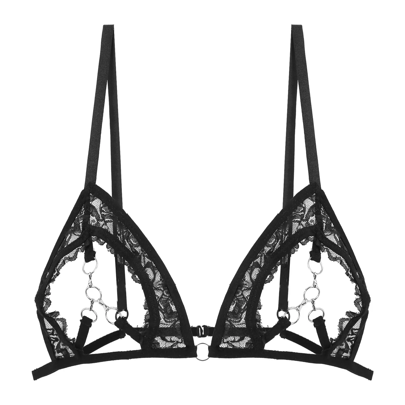 Women\'s Sexy See Through Sheer Lace Bras Lingerie Open Cups Bra Top Underwear Hollow Out Bra with Metal Rings Linked at Bust