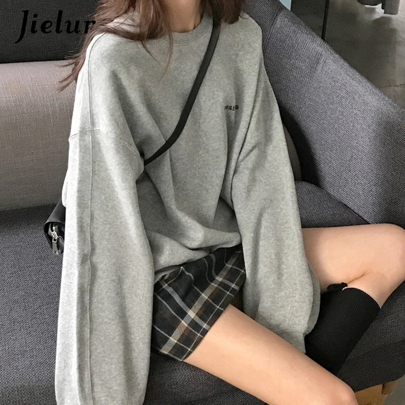 Jielur-Sudadera con capucha y letras Kpop para mujer, suéter fino y elegante de estilo coreano, moderno, color azul marino y gris, M-XXL