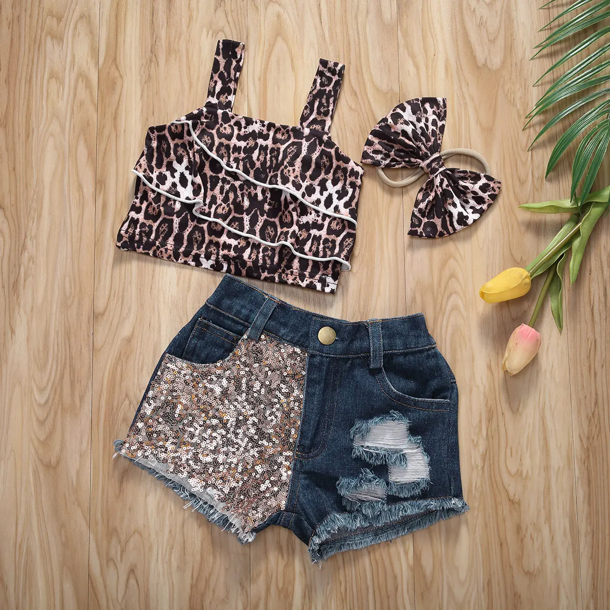 0-3Y Denim Outfits for Toddler Baby Girls Sleeveless Leopard Crop Tops vest Hipster Jean Pants Shorts 2021 Summer Clothes Set