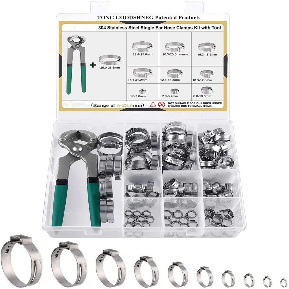 

304Stainless Steel Single Ear Hose Clamps with Ear Clamp Pincer 10 Sizes Stepless Crimp Clamps SecuringTubing Pipe Hose Automoti