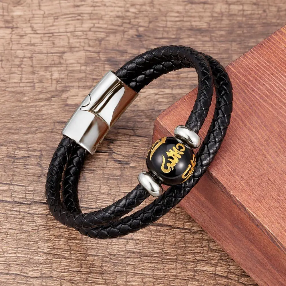 Feng Shui Black Obsidian Bracelet Charm Six Character Motto Bead Genuine Leather Men's Bracelet Good Luck Jewelry Friends Gift