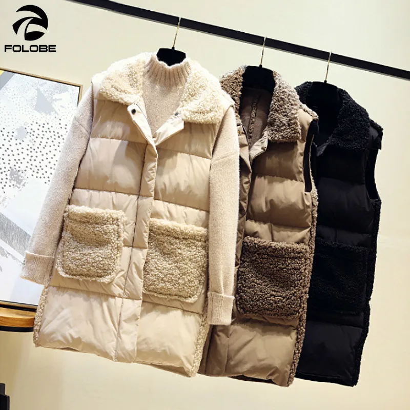 

FOLOBE Spring Long Vest Women New Single Breasted Casual Lamb Padded Cotton Vest Women Fashion Patch Designs Thick Warm Gilet