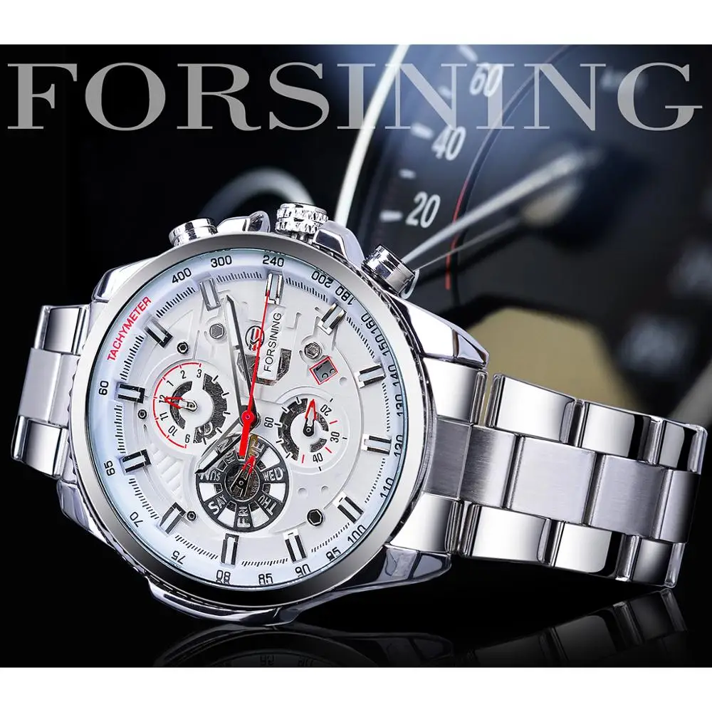 Forsining Men Fashion Mechanical Watch White Automatic 3 Sub Dial Multifunction Calendar Full Stainless Steel Belts Montre Homme