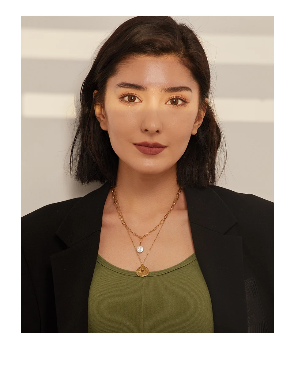 Yhpup Statement Round North Star Layered Pendant Necklace for Women Golden Stainless Steel Natural Pearl Chain Collar Necklace